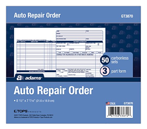 Adams Auto Repair Order Forms, 8.5 x 7.44 Inch, 3-Part, Carbonless, 50-Pack, White and Canary (GT3870)