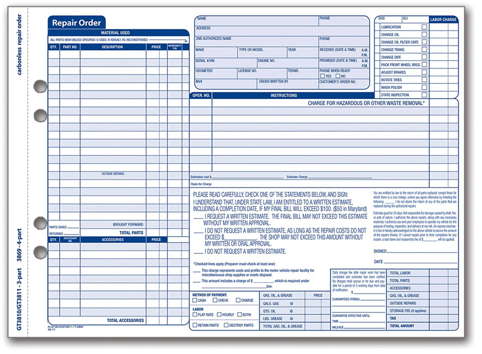 Adams Garage Repair Order Forms, 8.5 x 11.44 Inches, 3 Part, 50 Sets, White and Canary, (GT3810) Pack of 3